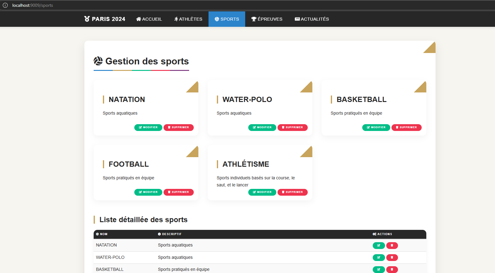 Gestion des sports